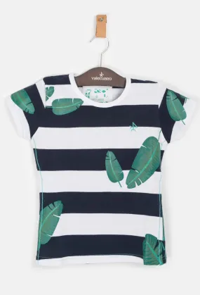 Navy Blue Striped Leaf Girls T-shirt