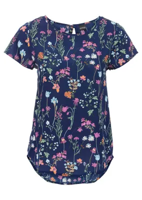 Dark Blue Floral Short Sleeve Blouse