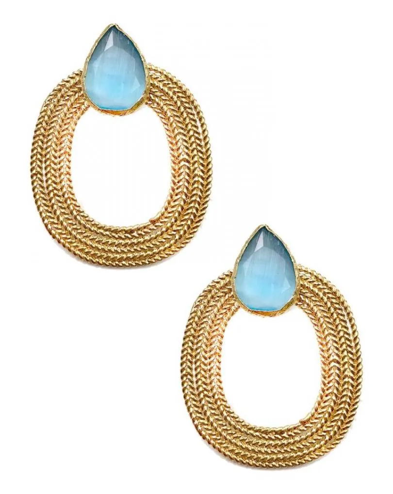 Gold Oval Hoop Earrings with Blue Faceted Stone - Wedding Earrings